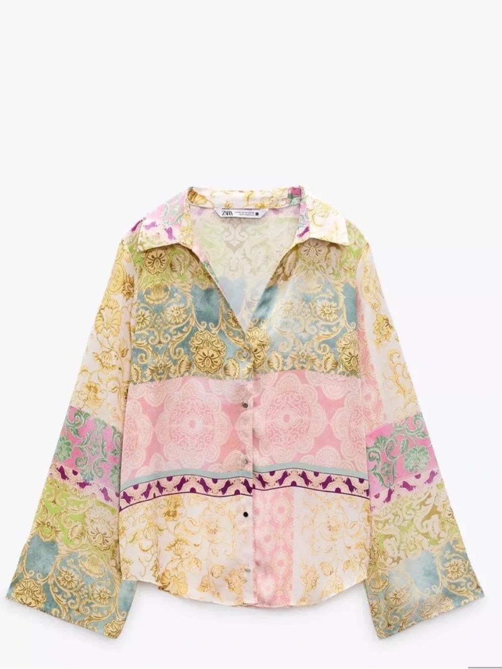 Zara Satin Effect Baroque Floral Print Button Down Like New